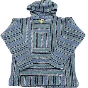 Vintage Baja Hoodie Drug Rug Mens M Blue Striped Surf Skate Pullover Hooded